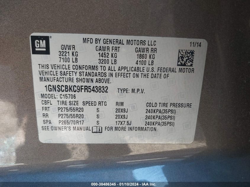 2015 CHEVROLET TAHOE LT - 1GNSCBKC9FR543832