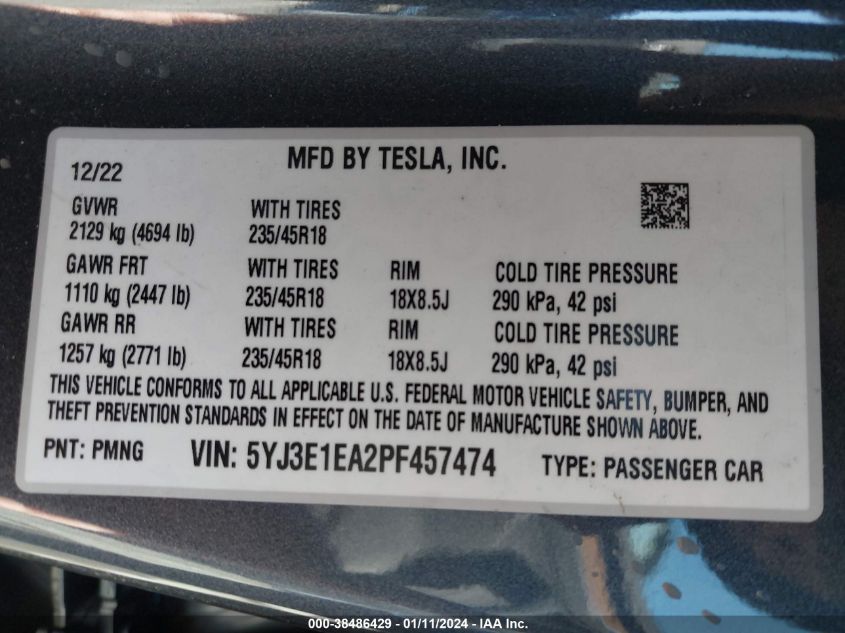 2023 TESLA MODEL 3 REAR-WHEEL DRIVE - 5YJ3E1EA2PF457474