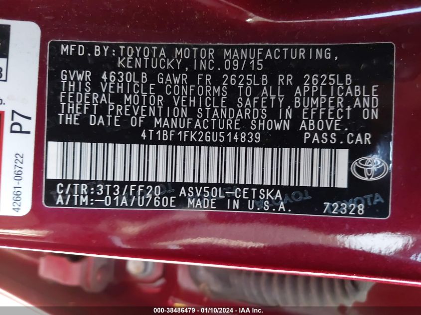 2016 TOYOTA CAMRY SE - 4T1BF1FK2GU514839