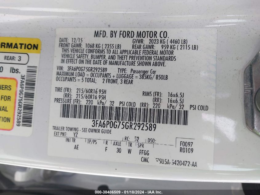 2016 FORD FUSION S - 3FA6P0G75GR292589