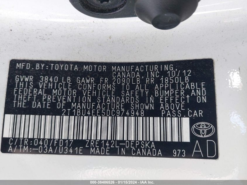 2013 TOYOTA COROLLA S/LE - 2T1BU4EE5DC974948