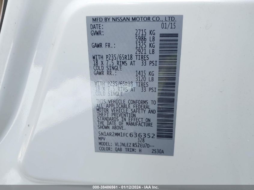 2015 NISSAN PATHFINDER S/SV/SL/PLATINUM - 5N1AR2MM0FC638352