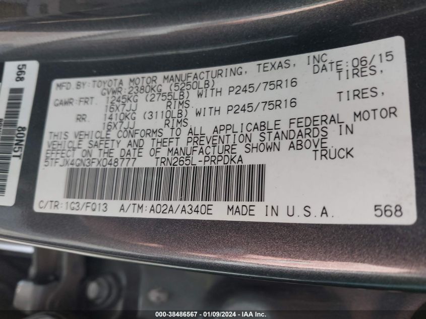 2015 TOYOTA TACOMA PRERUNNER - 5TFJX4GN3FX048777