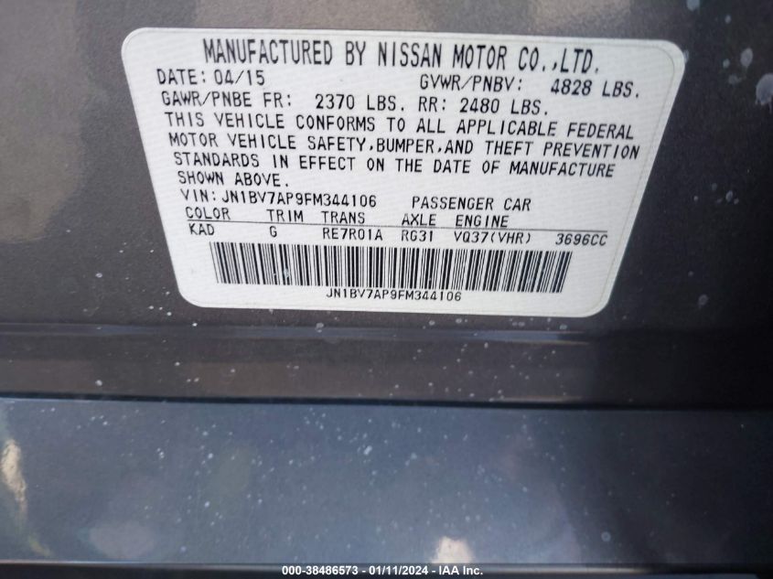2015 INFINITI Q50 PREMIUM/SPORT - JN1BV7AP9FM344106