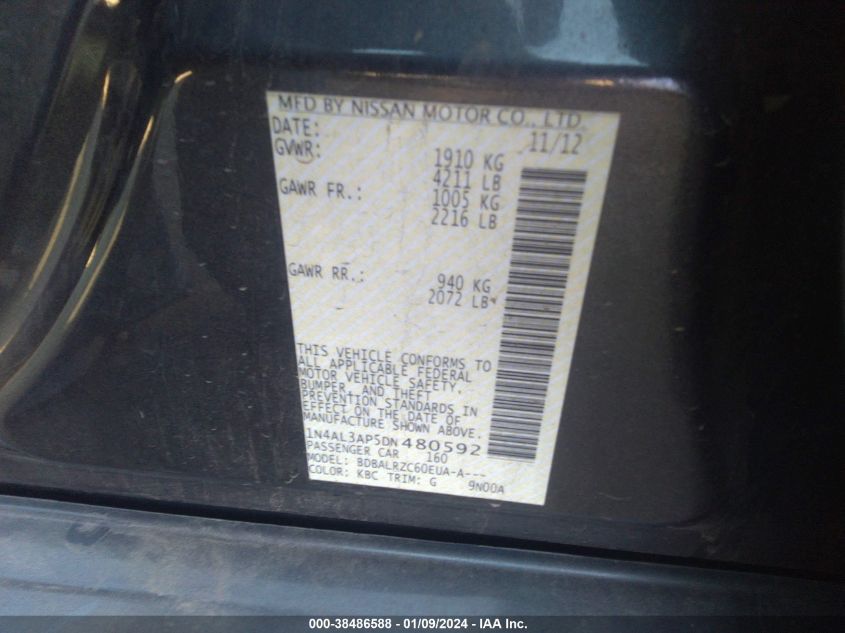 2013 NISSAN ALTIMA 2.5/S/SV/SL - 1N4AL3AP5DN480592