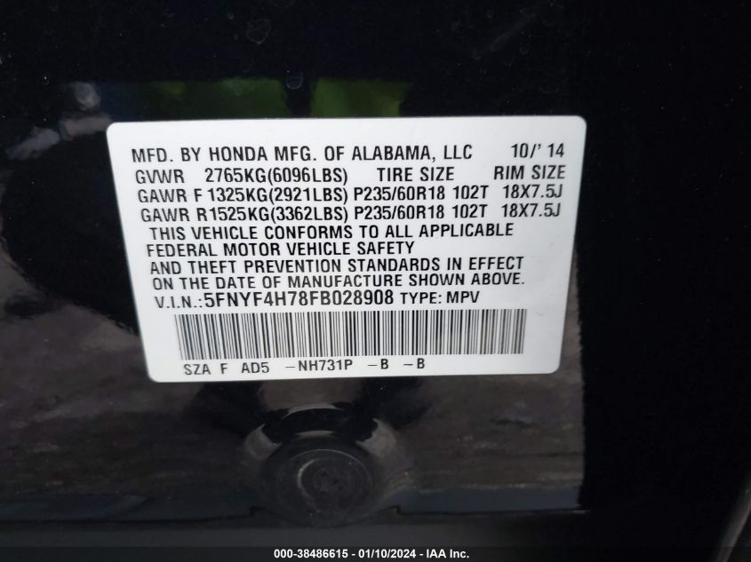 2015 HONDA PILOT EXLN - 5FNYF4H78FB028908
