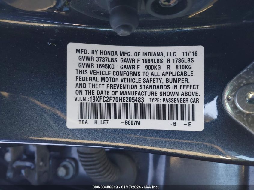 2017 HONDA CIVIC EX - 19XFC2F70HE205483