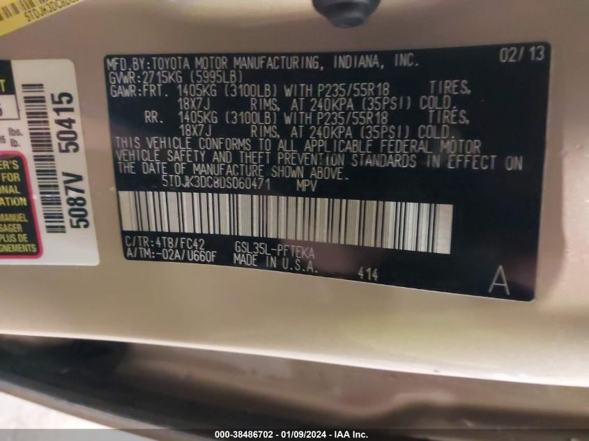 2013 TOYOTA SIENNA LE 7 PASSENGER - 5TDJK3DC8DS060471