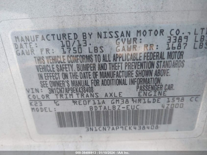 2014 NISSAN VERSA 1.6 S/1.6 S+/1.6 SL/1.6 SV - 3N1CN7AP9EK438408