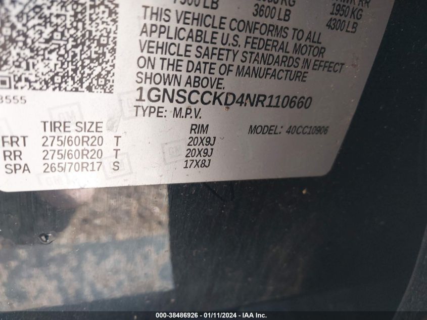 2022 CHEVROLET SUBURBAN C1500 LT - 1GNSCCKD4NR110660