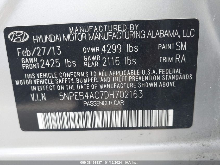 2013 HYUNDAI SONATA GLS - 5NPEB4AC7DH702163