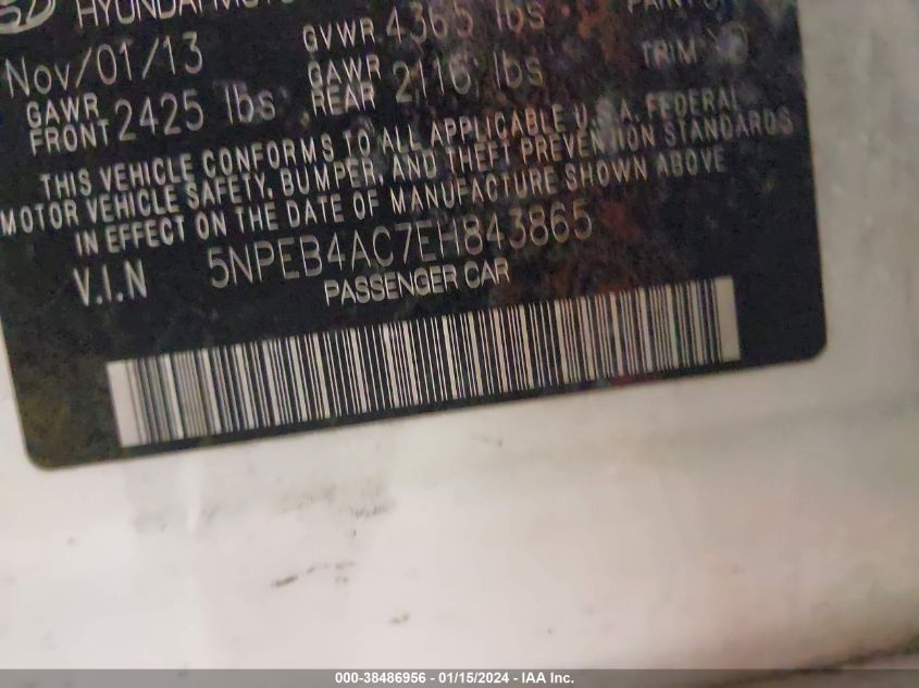 2014 HYUNDAI SONATA GLS - 5NPEB4AC7EH843865