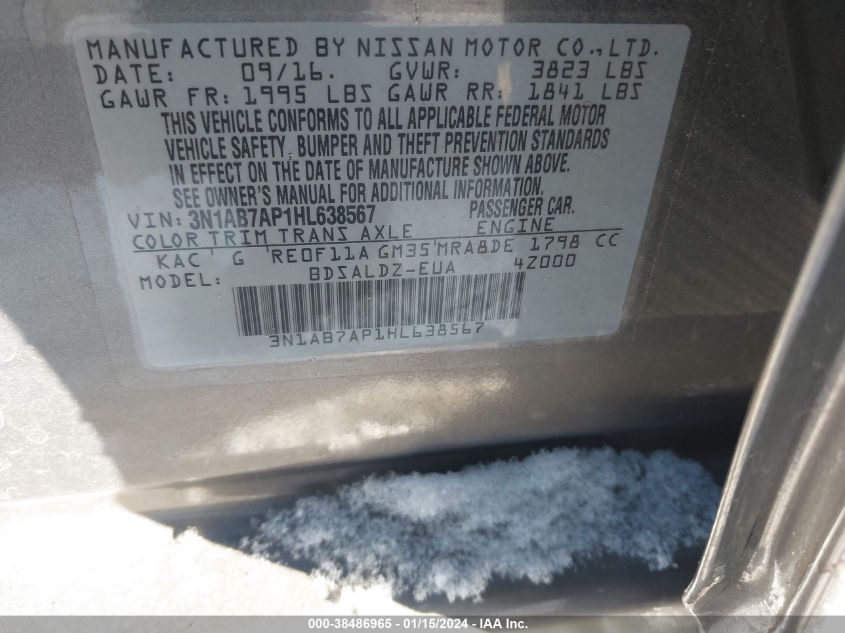 2017 NISSAN SENTRA S/SV/SR/SL - 3N1AB7AP1HL638567