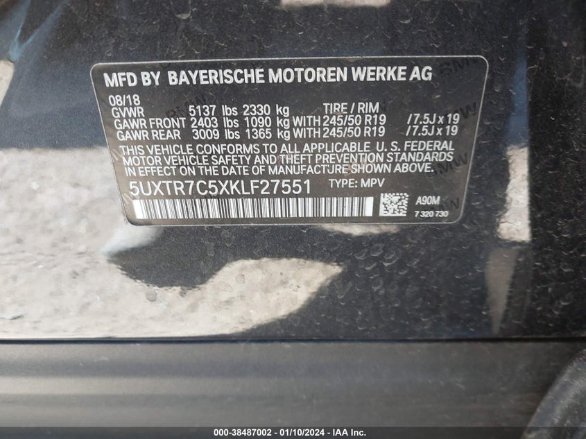 VIN 5UXTR7C5XKLF27551 2019 BMW X3 SDRIVE30I