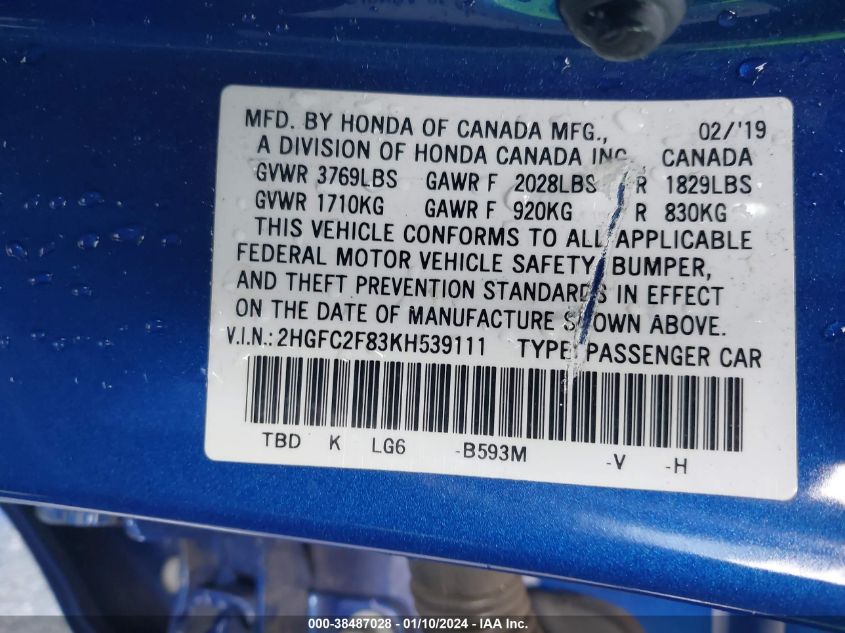 2019 HONDA CIVIC SPORT - 2HGFC2F83KH539111