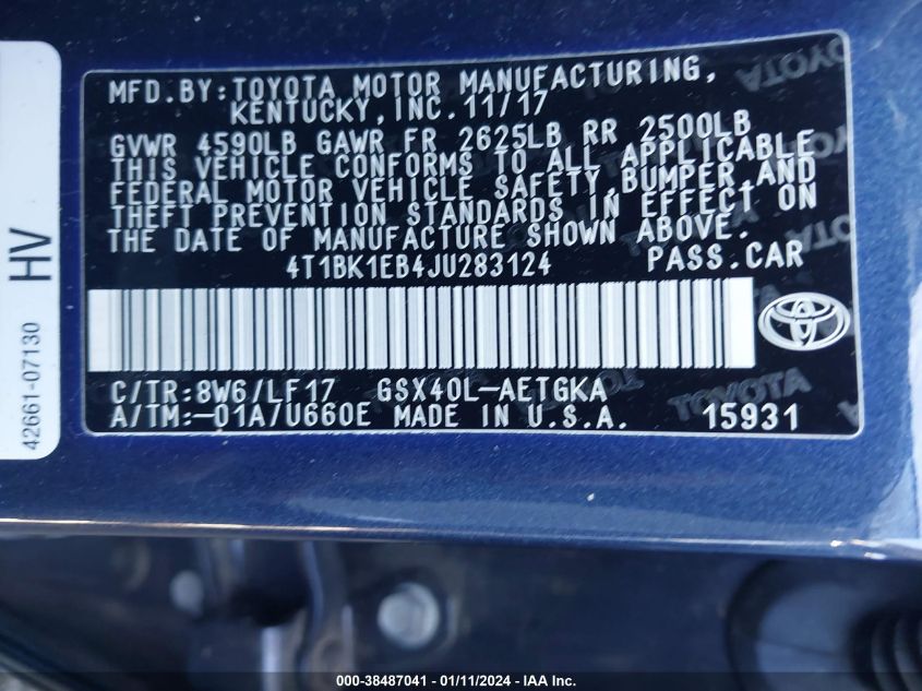 2018 TOYOTA AVALON XLE PLUS/PREMIUM/TOUR/LTD - 4T1BK1EB4JU283124