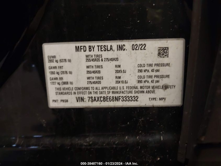 2022 TESLA MODEL X PLAID TRI MOTOR ALL-WHEEL DRIVE - 7SAXCBE68NF333332
