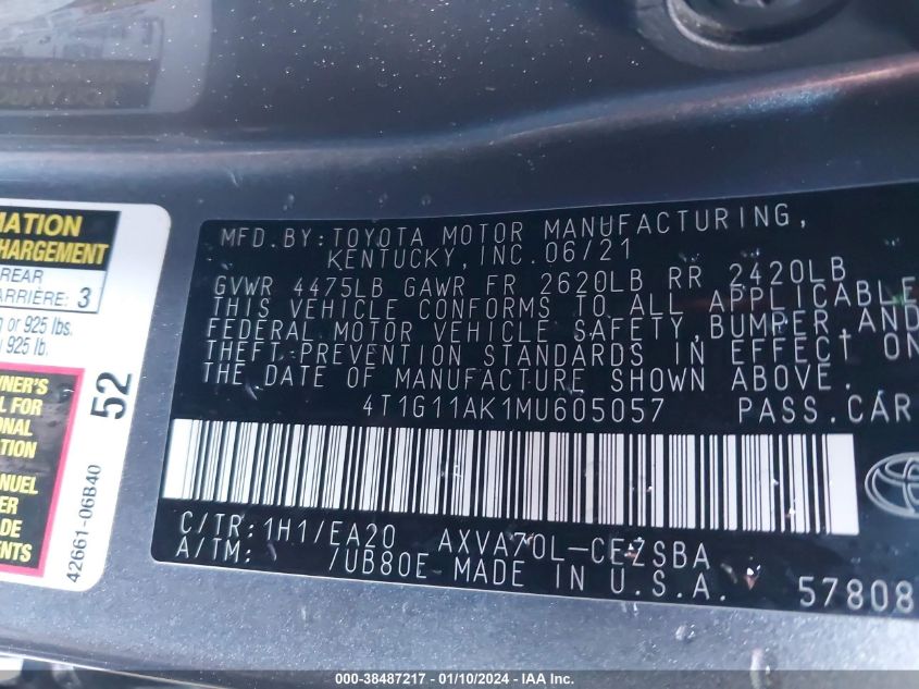 2021 TOYOTA CAMRY SE/SE NIGHT SHADE - 4T1G11AK1MU605057