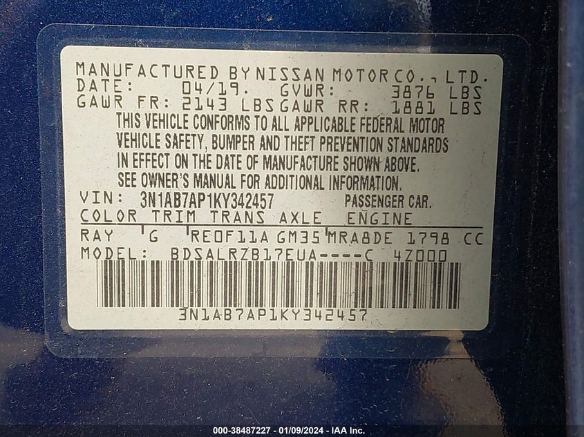 VIN 3N1AB7AP1KY342457 2019 NISSAN SENTRA SR