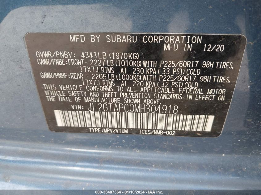 2021 SUBARU CROSSTREK PREMIUM - JF2GTAPC0MH304918