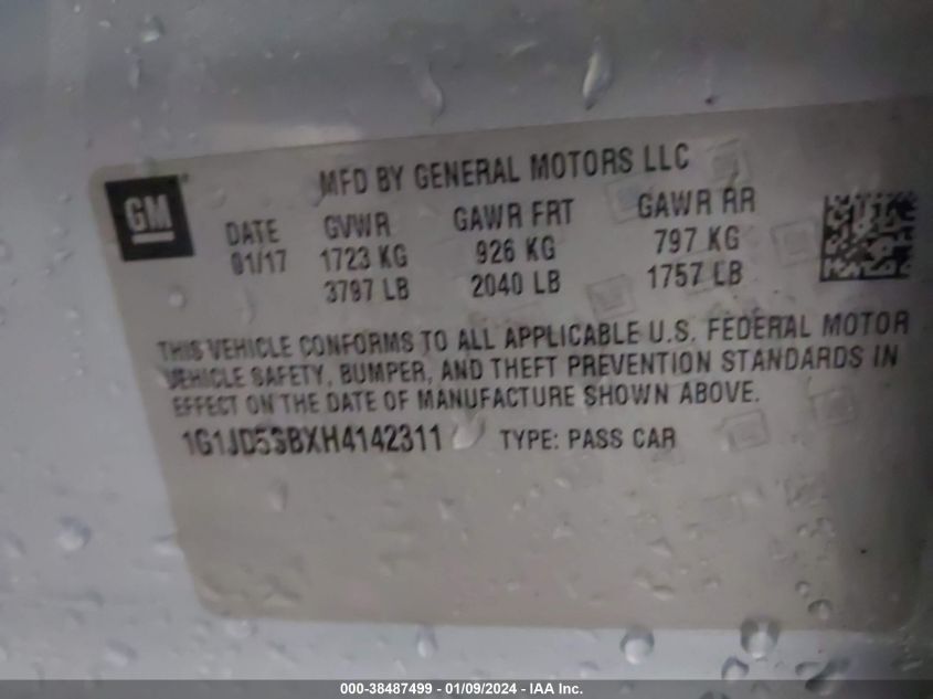 2017 CHEVROLET SONIC LT AUTO - 1G1JD5SBXH4142311