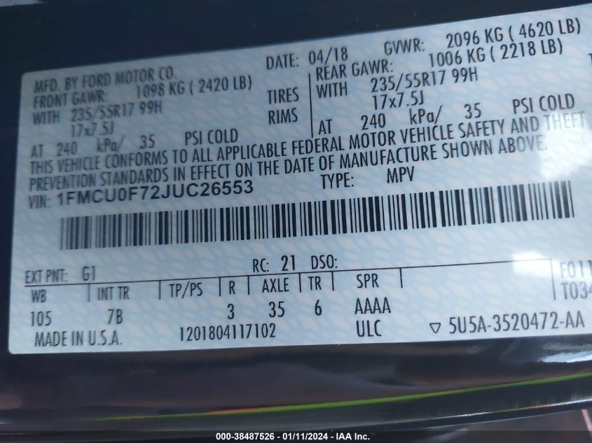 2018 FORD ESCAPE S - 1FMCU0F72JUC26553