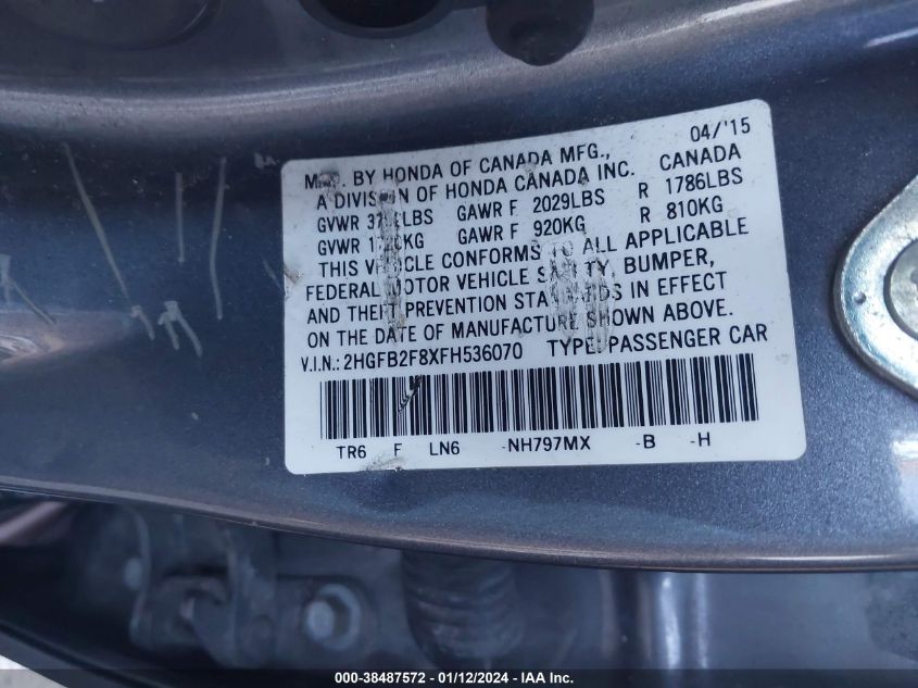 2015 HONDA CIVIC EX - 2HGFB2F8XFH536070