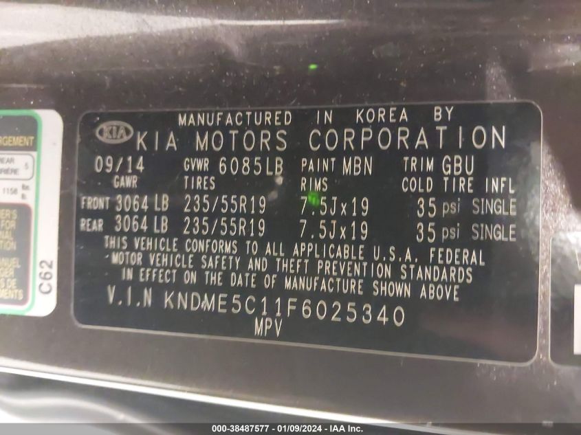 2015 KIA SEDONA SX LUXURY - KNDME5C11F6025340