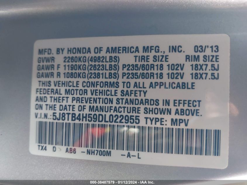 2013 ACURA RDX - 5J8TB4H59DL022955