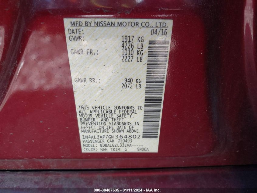 2016 NISSAN ALTIMA 2.5/S/SV/SL/SR - 1N4AL3AP7GN364802