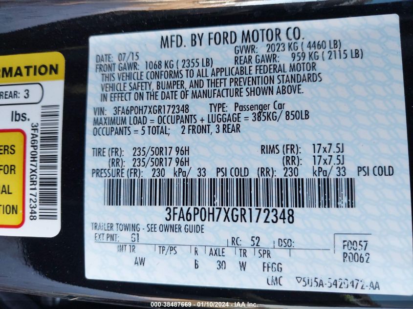 2016 FORD FUSION SE - 3FA6P0H7XGR172348