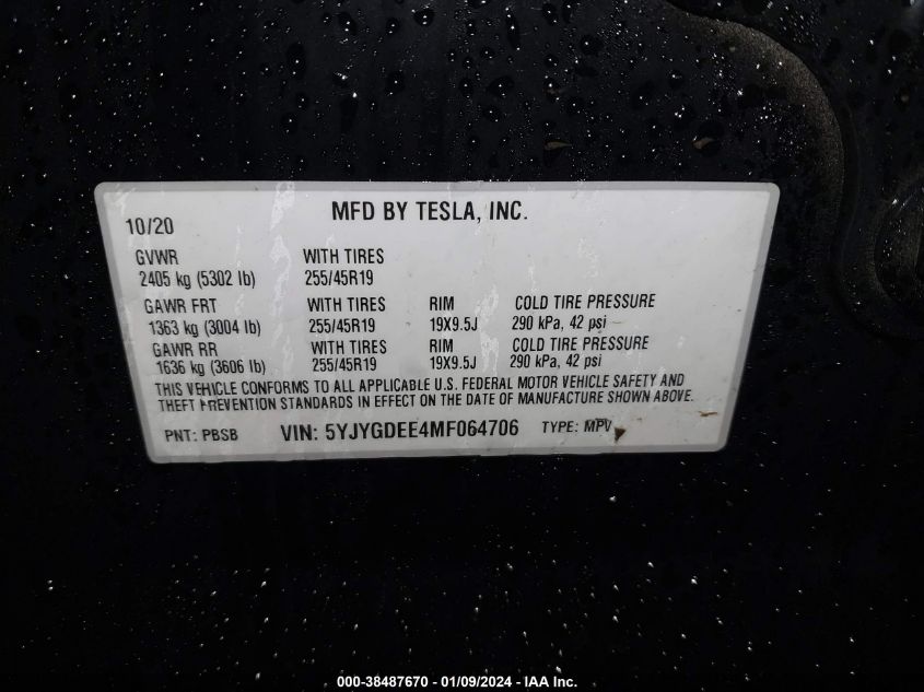 2021 TESLA MODEL Y LONG RANGE DUAL MOTOR ALL-WHEEL DRIVE - 5YJYGDEE4MF064706