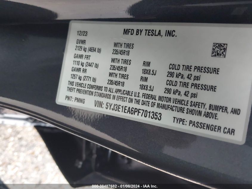2023 TESLA MODEL 3 REAR-WHEEL DRIVE - 5YJ3E1EA6PF701353