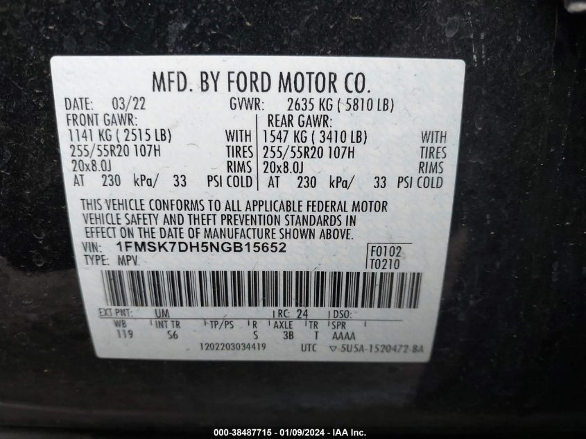 2022 FORD EXPLORER XLT - 1FMSK7DH5NGB15652