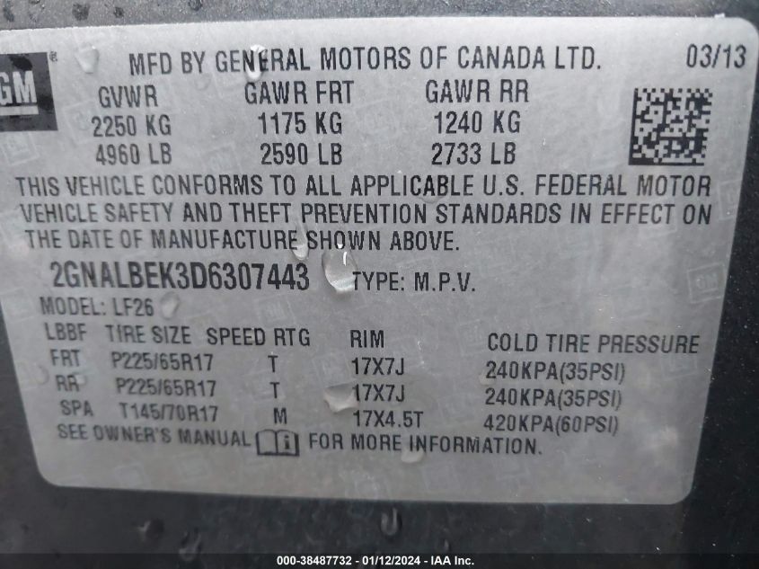 2013 CHEVROLET EQUINOX LS - 2GNALBEK3D6307443