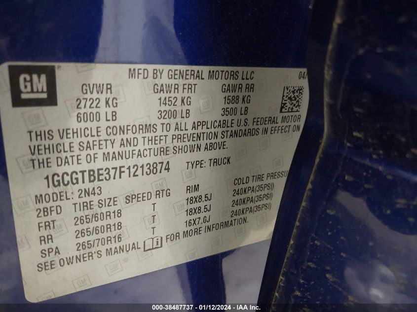 2015 CHEVROLET COLORADO LT - 1GCGTBE37F1213874