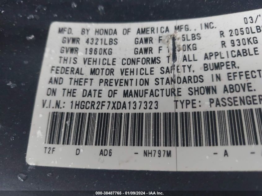 2013 HONDA ACCORD EX - 1HGCR2F7XDA137323
