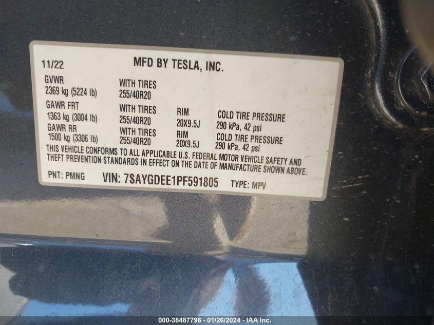 VIN 7SAYGDEE1PF591805 2023 TESLA MODEL Y AWD/LONG RANGE DUAL MOTOR ALL-WHEEL DRIVE