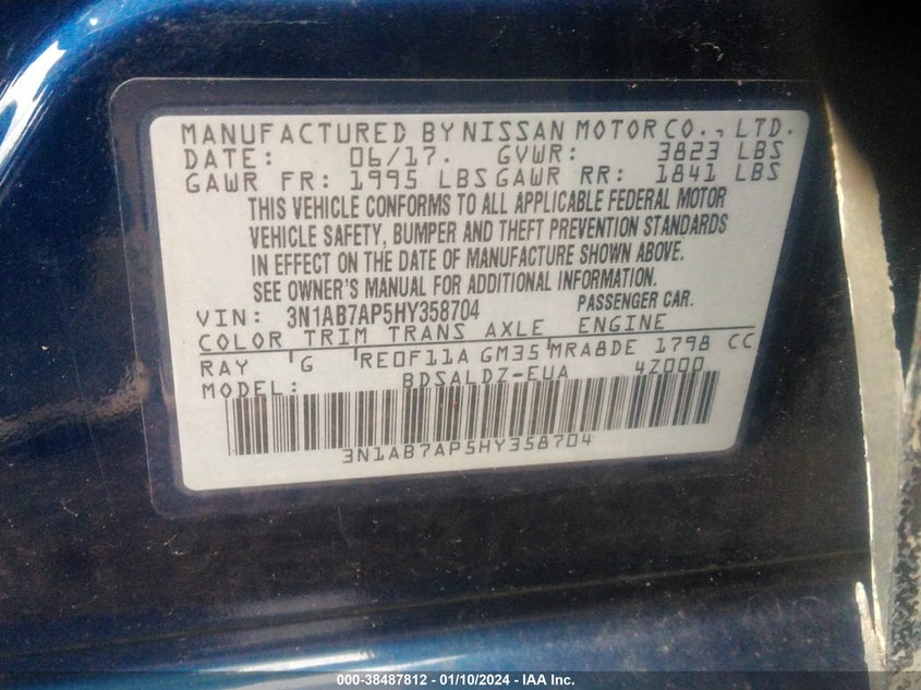 VIN 3N1AB7AP5HY358704 2017 NISSAN SENTRA S/SV/SR/SL