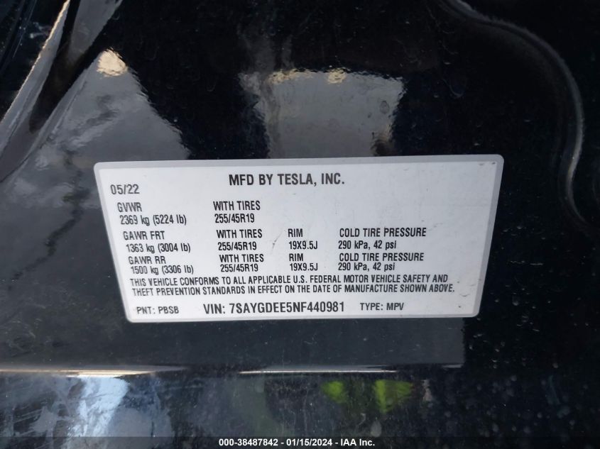 2022 TESLA MODEL Y LONG RANGE DUAL MOTOR ALL-WHEEL DRIVE - 7SAYGDEE5NF440981