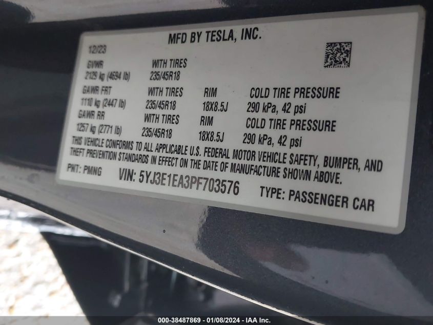 2023 TESLA MODEL 3 REAR-WHEEL DRIVE - 5YJ3E1EA3PF703576