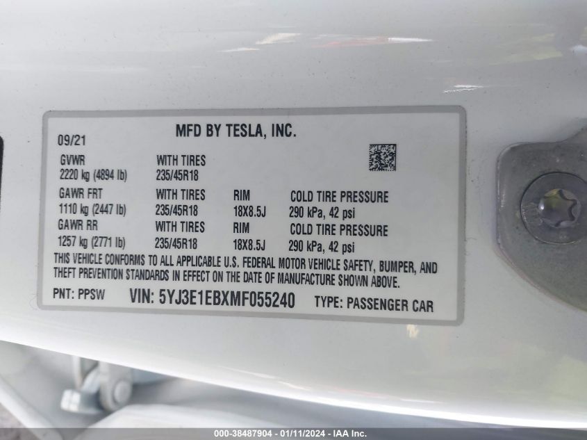 2021 TESLA MODEL 3 LONG RANGE DUAL MOTOR ALL-WHEEL DRIVE - 5YJ3E1EBXMF055240