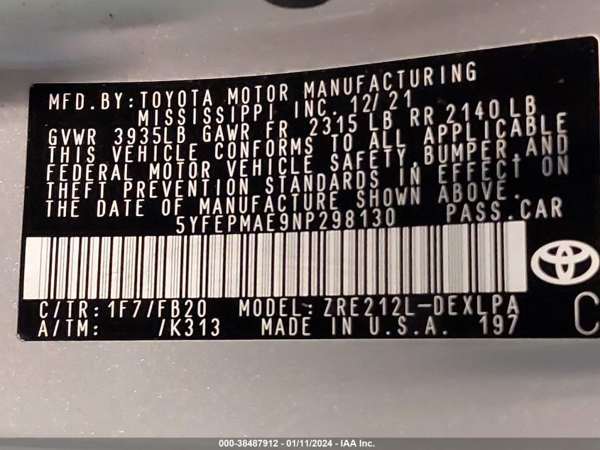 2022 TOYOTA COROLLA LE - 5YFEPMAE9NP298130