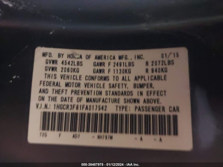 2015 HONDA ACCORD EX-L V-6 - 1HGCR3F81FA017542