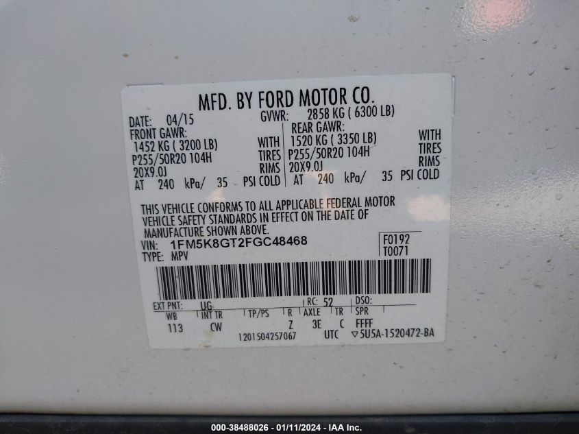 2015 FORD EXPLORER SPORT - 1FM5K8GT2FGC48468