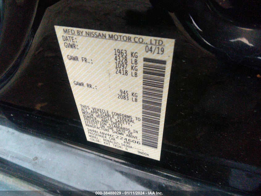 VIN 1N4BL4BV4KC224606 2019 NISSAN ALTIMA S