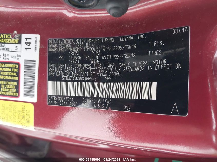 2017 TOYOTA SIENNA LE 7 PASSENGER - 5TDJZ3DC3HS166943