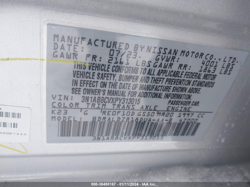 VIN 3N1AB8CVXPY313015 2023 NISSAN SENTRA SV