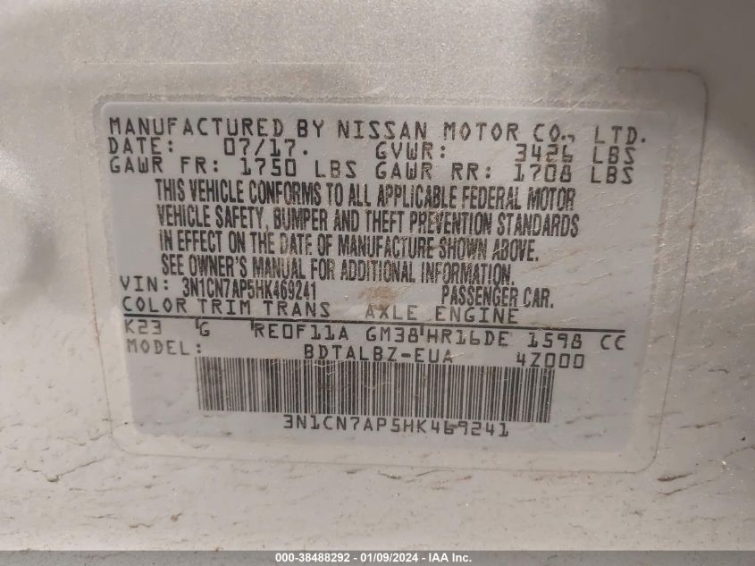 2017 NISSAN VERSA 1.6 SV - 3N1CN7AP5HK469241