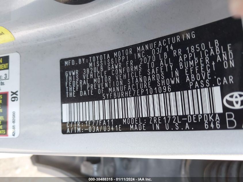 2014 TOYOTA COROLLA L/LE/LE PLS/PRM/S/S PLS - 5YFBURHE7EP101096